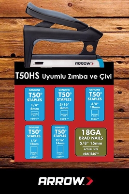 Arrow T50HS 6-14mm Zımba /15mm Çivi Profesyonel Mekanik Zımba ve Çivi Tabancası + 1250 Adet Zımba - Thumbnail