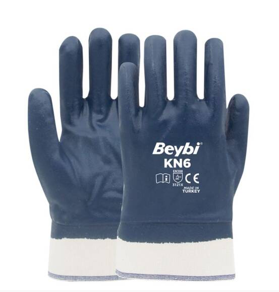 Beybi KN6 Güvenli Manşetli Tam Kaplı Nitril Eldiven (Petrolcü) Lacivert No:10