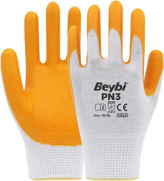 Beybi PN3 Polyester Astarlı Örme Nitril Kaplı Eldiven Beyaz-Sarı No:09