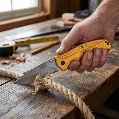 CAT DA980006 Kemer Askı Kancalı Katlanabilir 20CM Paslanmaz Çelik Sarı Kamp Çakısı - CAT (1)