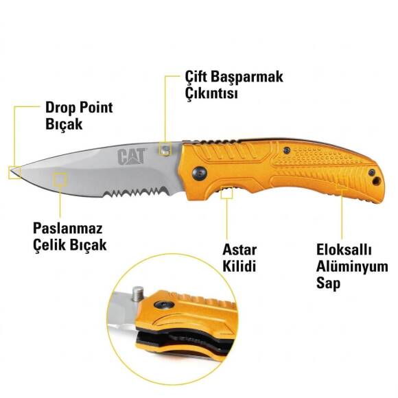 CAT DA980006 Kemer Askı Kancalı Katlanabilir 20CM Paslanmaz Çelik Sarı Kamp Çakısı - 6