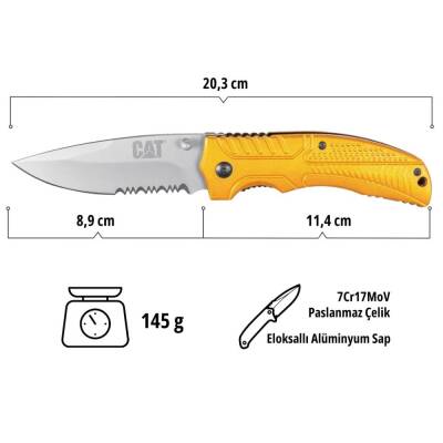 CAT DA980006 Kemer Askı Kancalı Katlanabilir 20CM Paslanmaz Çelik Sarı Kamp Çakısı - 7