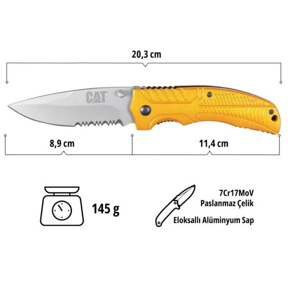 CAT DA980006 Kemer Askı Kancalı Katlanabilir 20CM Paslanmaz Çelik Sarı Kamp Çakısı - 7