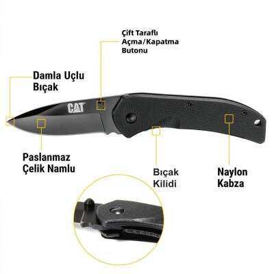 CAT DA980008 Kemer Askı Kancalı Katlanabilir 16CM Paslanmaz Çelik Siyah Kamp Çakısı Bıçağı - 8