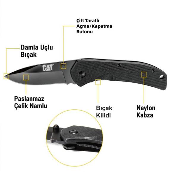 CAT DA980008 Kemer Askı Kancalı Katlanabilir 16CM Paslanmaz Çelik Siyah Kamp Çakısı Bıçağı - 8