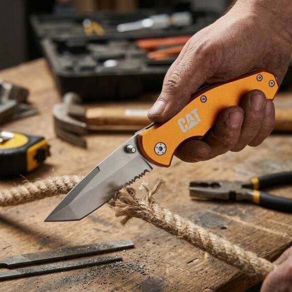 CAT DA980011 Kemer Askı Kancalı Cam Kırma Uçlu Katlanabilir 17CM Paslanmaz Çelik Sarı Kamp Çakısı - 2