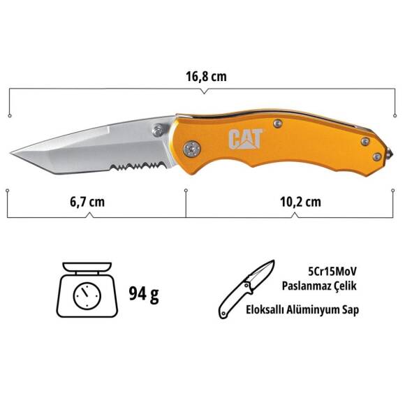 CAT DA980011 Kemer Askı Kancalı Cam Kırma Uçlu Katlanabilir 17CM Paslanmaz Çelik Sarı Kamp Çakısı - 6