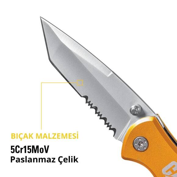 CAT DA980011 Kemer Askı Kancalı Cam Kırma Uçlu Katlanabilir 17CM Paslanmaz Çelik Sarı Kamp Çakısı - 8
