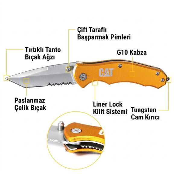 CAT DA980011 Kemer Askı Kancalı Cam Kırma Uçlu Katlanabilir 17CM Paslanmaz Çelik Sarı Kamp Çakısı - 7