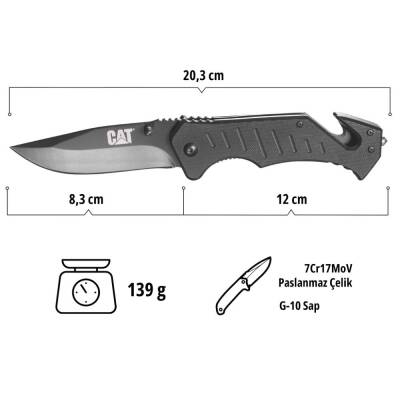 CAT DA980012 3 IN 1 Çok Fonksiyonlu Katlanabilir 20CM Paslanmaz Çelik Siyah Kamp Çakısı - 8