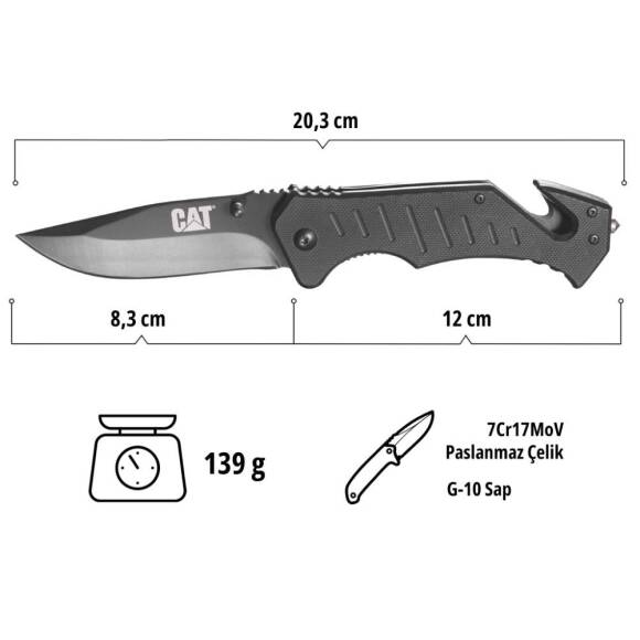 CAT DA980012 3 IN 1 Çok Fonksiyonlu Katlanabilir 20CM Paslanmaz Çelik Siyah Kamp Çakısı - 8