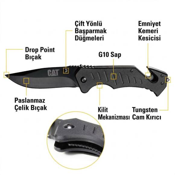 CAT DA980012 3 IN 1 Çok Fonksiyonlu Katlanabilir 20CM Paslanmaz Çelik Siyah Kamp Çakısı - 9