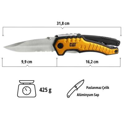 CAT DA980045 9 IN 1 Çok Fonksiyonlu Katlanabilir 27CM Paslanmaz Çelik Sarı Kamp Çakısı Bıçağı + Taşıma Kılıfı - 8