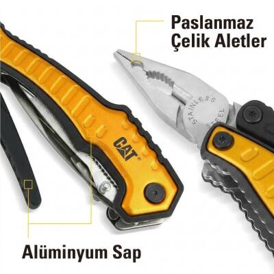 CAT DA980045 9 IN 1 Çok Fonksiyonlu Katlanabilir 27CM Paslanmaz Çelik Sarı Kamp Çakısı Bıçağı + Taşıma Kılıfı - 9