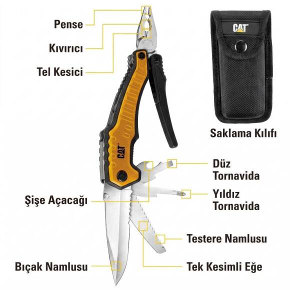 CAT DA980045 9 IN 1 Çok Fonksiyonlu Katlanabilir 27CM Paslanmaz Çelik Sarı Kamp Çakısı Bıçağı + Taşıma Kılıfı - 10