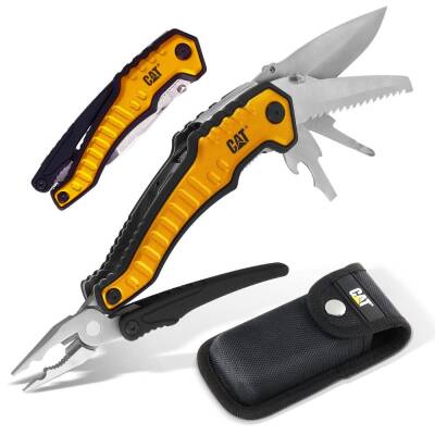 CAT DA980045 9 IN 1 Çok Fonksiyonlu Katlanabilir 27CM Paslanmaz Çelik Sarı Kamp Çakısı Bıçağı + Taşıma Kılıfı - CAT