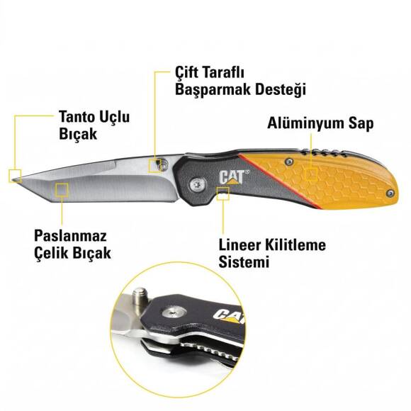 CAT DA980047 Kemer Askı Kancalı Katlanabilir 18CM Paslanmaz Çelik Kamp Çakısı - 8