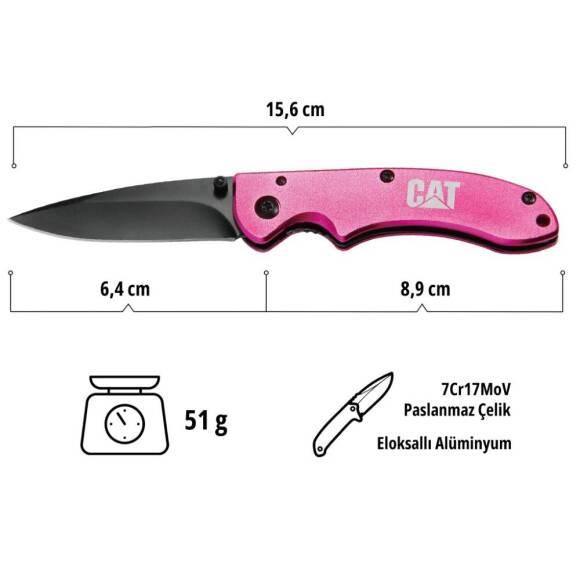 CAT DA980060 Kemer Askı Kancalı Katlanabilir 15CM Paslanmaz Çelik Pembe Kamp Çakısı - 6