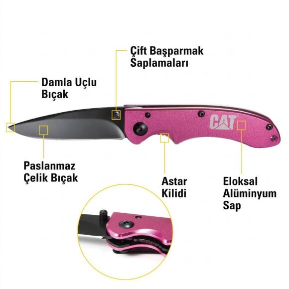 CAT DA980060 Kemer Askı Kancalı Katlanabilir 15CM Paslanmaz Çelik Pembe Kamp Çakısı - 7