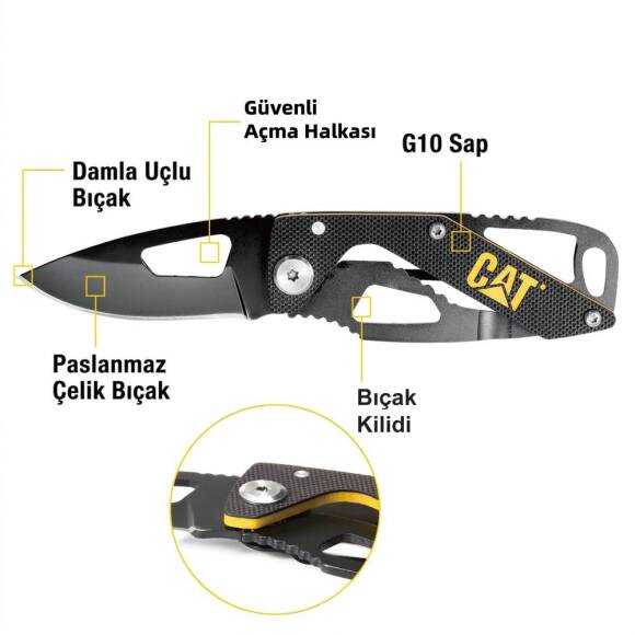 CAT DA980265 Kemer Askı Kancalı Katlanabilir 13CM Paslanmaz Çelik Siyah Kamp Çakısı - 8