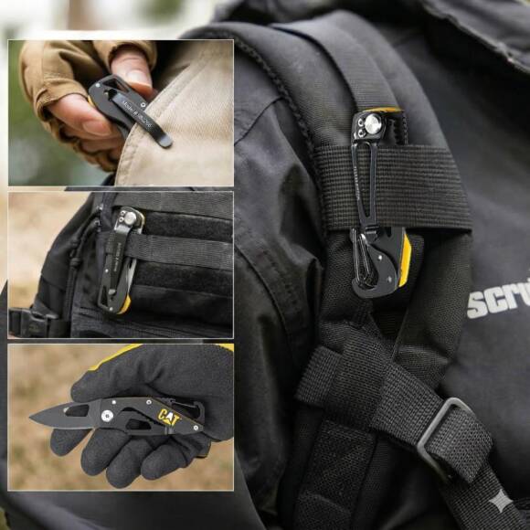 CAT DA980266 Kemer Askı Kancalı Karabinalı Katlanabilir 13CM Paslanmaz Çelik Siyah Kamp Çakısı - 6