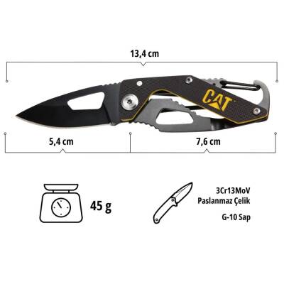 CAT DA980266 Kemer Askı Kancalı Karabinalı Katlanabilir 13CM Paslanmaz Çelik Siyah Kamp Çakısı - 7