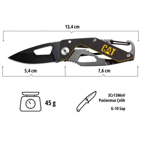 CAT DA980266 Kemer Askı Kancalı Karabinalı Katlanabilir 13CM Paslanmaz Çelik Siyah Kamp Çakısı - 7