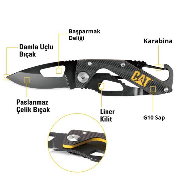 CAT DA980266 Kemer Askı Kancalı Karabinalı Katlanabilir 13CM Paslanmaz Çelik Siyah Kamp Çakısı - 8