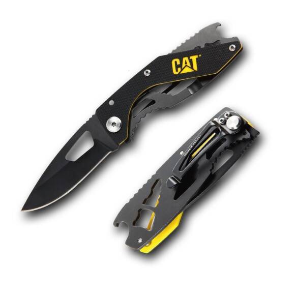 CAT DA980267 Kemer Askı Kancalı Şişe Açacaklı Katlanabilir 16CM Paslanmaz Çelik Siyah Kamp Çakısı - 1
