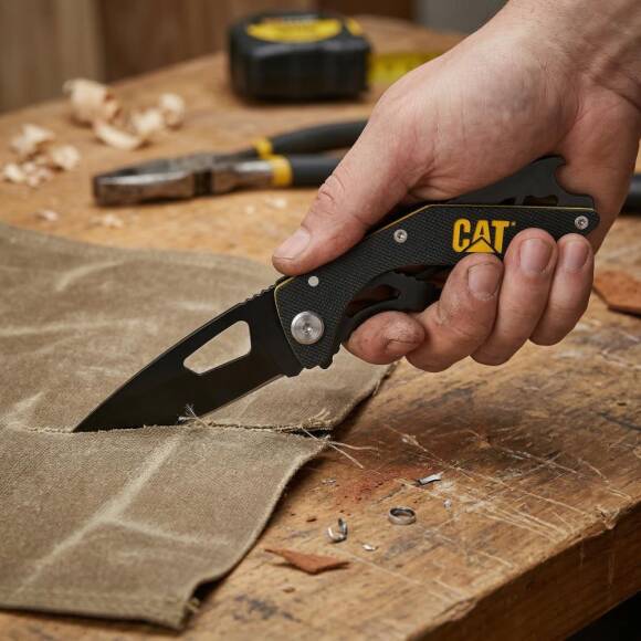 CAT DA980267 Kemer Askı Kancalı Şişe Açacaklı Katlanabilir 16CM Paslanmaz Çelik Siyah Kamp Çakısı - 2