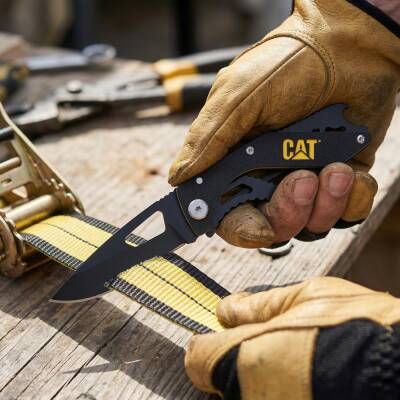 CAT DA980267 Kemer Askı Kancalı Şişe Açacaklı Katlanabilir 16CM Paslanmaz Çelik Siyah Kamp Çakısı - 4