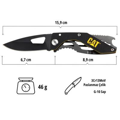CAT DA980267 Kemer Askı Kancalı Şişe Açacaklı Katlanabilir 16CM Paslanmaz Çelik Siyah Kamp Çakısı - 8