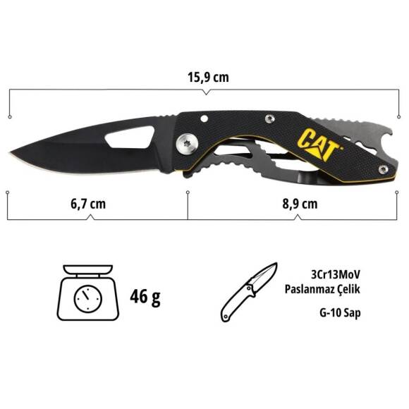 CAT DA980267 Kemer Askı Kancalı Şişe Açacaklı Katlanabilir 16CM Paslanmaz Çelik Siyah Kamp Çakısı - 8