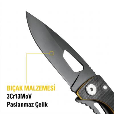 CAT DA980267 Kemer Askı Kancalı Şişe Açacaklı Katlanabilir 16CM Paslanmaz Çelik Siyah Kamp Çakısı - 10