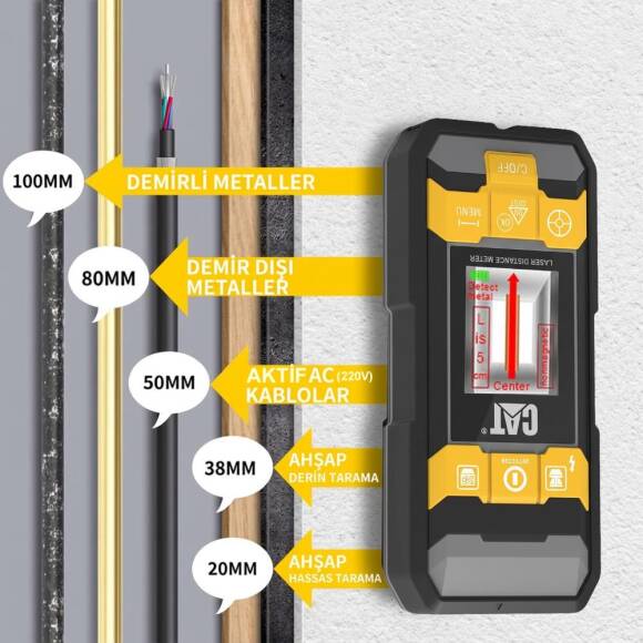 CAT DA980621 3.7Volt Li-Po 3’ü 1 Arada 40M Lazer Metre +Hizalama +Metal/Ahşap/Voltaj Dedektörü - 5