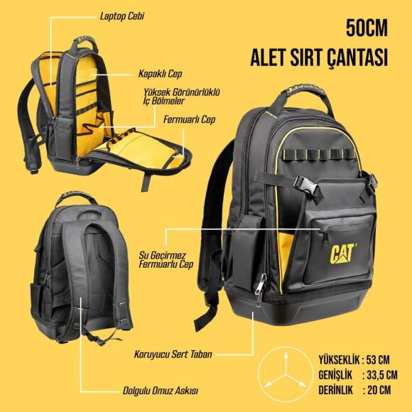 CAT DA981023 20'' 2+1 Bölmeli PVC Tabanlı Ağır Hizmet Bez Alet Sırt Takım Çantası - 3