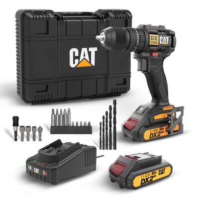 CAT DX1010.1 18Volt 2.0Ah Li-ion Çift Akülü Kömürsüz Profesyonel Şarjlı Darbeli Matkap + 20 Parça Delme Vidalama Uç Seti - CAT