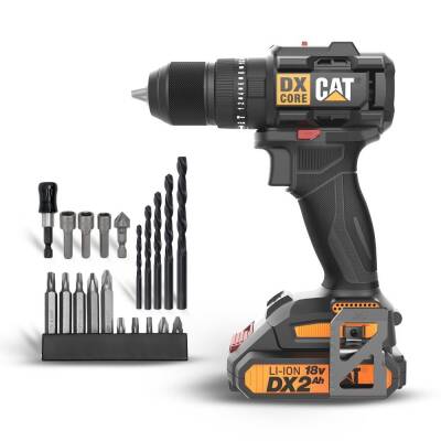CAT DX1010.1 18Volt 2.0Ah Li-ion Çift Akülü Kömürsüz Profesyonel Şarjlı Darbeli Matkap + 20 Parça Delme Vidalama Uç Seti - CAT (1)