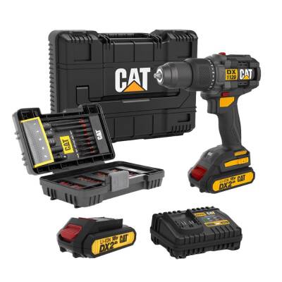 CAT DX1120 18Volt/2.0Ah Li-ion Çift Akülü Kömürsüz Profesyonel Şarjlı Darbeli Matkap + DA01902 45 Parça Vidalama Uç Seti - CAT