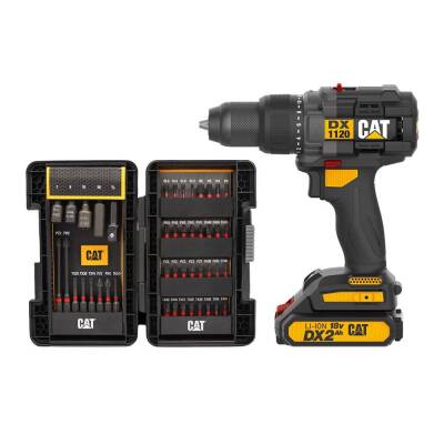 CAT DX1120 18Volt/2.0Ah Li-ion Çift Akülü Kömürsüz Profesyonel Şarjlı Darbeli Matkap + DA01902 45 Parça Vidalama Uç Seti - CAT (1)