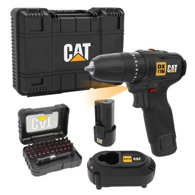 CAT DX1160 12Volt/2.0Ah Li-ion Çift Akülü Kömürsüz Profesyonel Şarjlı Darbeli Matkap + DA01901 32 Parça Aksesuar Seti - Cat