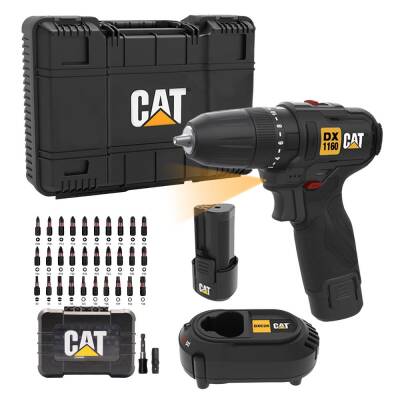 CAT DX1160 12Volt/2.0Ah Li-ion Çift Akülü Kömürsüz Profesyonel Şarjlı Darbeli Matkap + DA01901 32 Parça Aksesuar Seti - Cat (1)