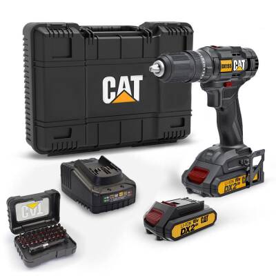 CAT DX155.1SET 18Volt/2.0Ah Li-ion Çift Akülü Profesyonel Şarjlı Darbeli Matkap + DA01901 32 Parça Vidalama Uç Seti - Cat