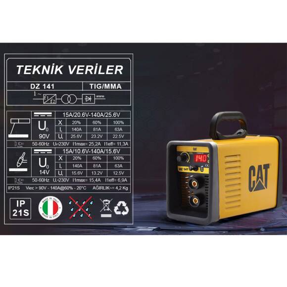 CAT DZ141T 140 Amper TIG LIFT/MMA Çanta Tipi Profesyonel Dijital İnverter Kaynak Makinesi + CAT DX37 Avuç Taşlama - 3