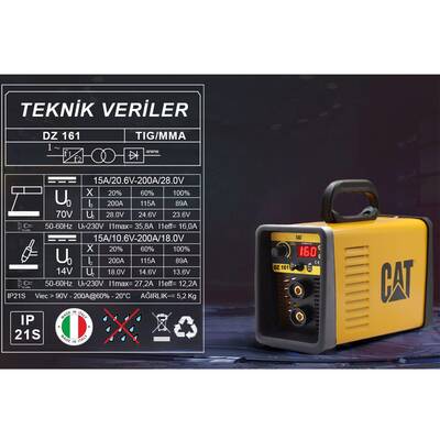CAT DZ161T 160 Amper TIG LIFT/MMA Çanta Tipi Profesyonel Dijital İnverter Kaynak Makinesi + CAT DX37 Avuç Taşlama - Thumbnail