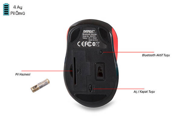 Everest SM-BT31 Kırmızı Bluetooth Kablosuz Mouse - 4