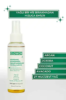 GLOWON 27 Bitkisel Yağ İçeren Mucizevi Doğal Bakım Yağı 100ml - Yüz, Saç ve Vücut İçin - 1