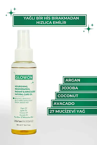 GLOWON 27 Bitkisel Yağ İçeren Mucizevi Doğal Bakım Yağı 100ml - Yüz, Saç ve Vücut İçin - 1
