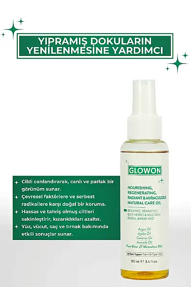 GLOWON 27 Bitkisel Yağ İçeren Mucizevi Doğal Bakım Yağı 100ml - Yüz, Saç ve Vücut İçin - 2
