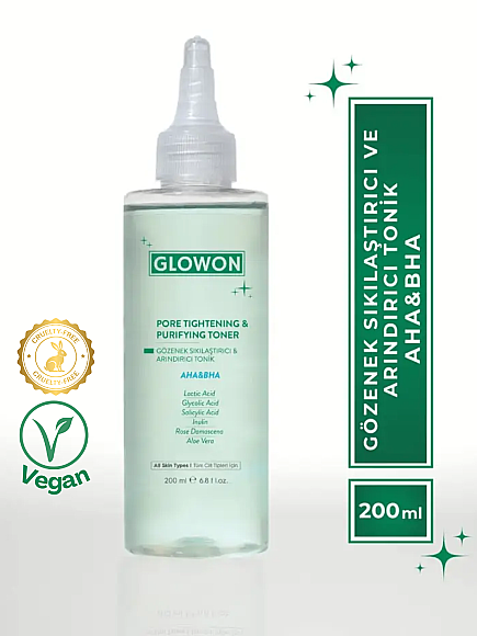 GLOWON Vegan Arındırıcı Tonik | İçerikli AHA BHA Gözenek Sıkılaştırıcı ve Siyah Nokta Karşıtı 200ml - 1
